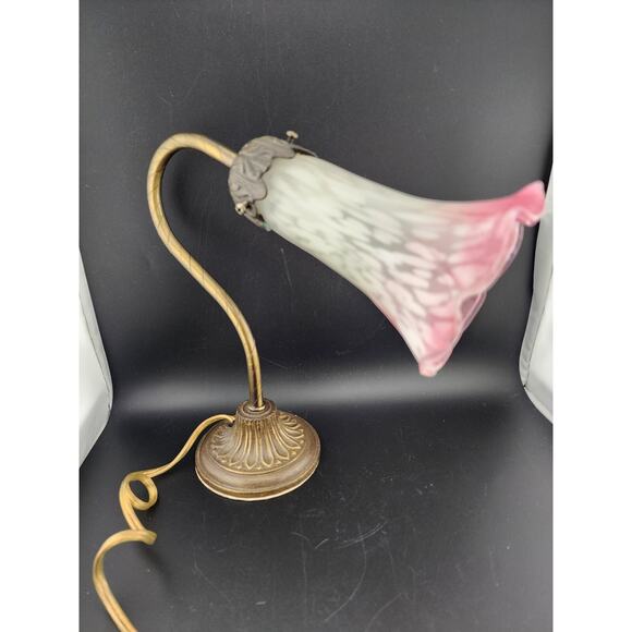 Vintage Brass Gooseneck Tulip Table Lamp Light Andrea by Sadek pink tulip shade - Picture 1 of 7